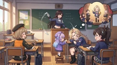 Afternoon Classroom Anime Storyboard — GPT Image 2.5 AI Prompt: Create a wide 16:9 anime-style classroom illustration with warm afternoon sunlig...