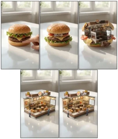 Burger-to-Mini-Diner Storyboard — GPT Image 2.5 AI Prompt: Goal: Create a highly detailed photorealistic miniature food transformation stor...