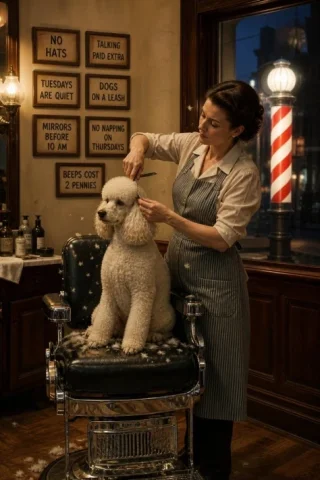 Photorealistic Vintage Barbershop Scene — GPT Image 2.5 AI Prompt: A photorealistic vintage barbershop. Seven small framed signs hang on the wall,...