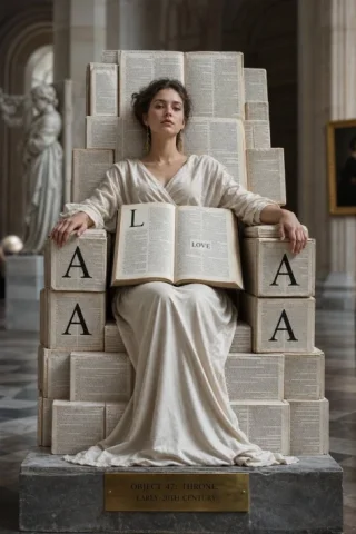 Dictionary Page Throne Portrait — GPT Image 2.5 AI Prompt: A monumental art photograph. A beautiful woman sitting on a chair built entirely...