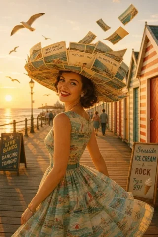 1960s Seaside Fashion Portrait — GPT Image 2.5 AI Prompt: Create an image based on the concept “1960s Seaside Fashion Portrait”. Preserve...