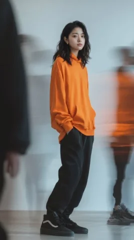 Street-Style Long-Exposure Fashion — Nano Banana 2 AI Prompt: Editorial fashion photography of a young East Asian woman standing in a modern,...