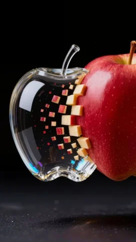 Apple Material Transformation Study — Nano Banana 2 AI Prompt: A single apple crossing a black void, moving right to left, progressively transf...