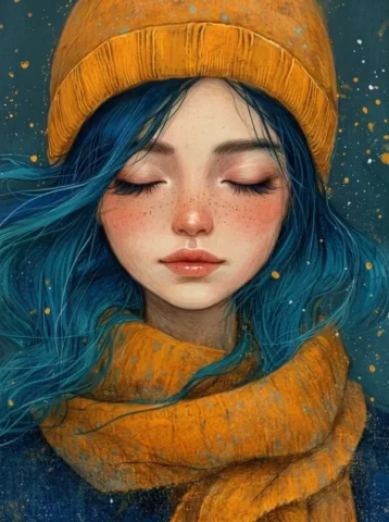 Teal-Haired Serene Portrait Illustration — Nano Banana 2 AI Prompt: A close-up portrait of a serene young woman with closed eyes and a peaceful expr...