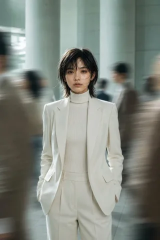 Still Portrait in a Motion-Blurred Lobby — GPT Image 2.5 AI Prompt: Create a cinematic fashion editorial portrait of a young East Asian woman in her...