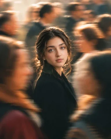 Golden Hour Crowd Portrait — GPT Image 2.5 AI Prompt: Create a cinematic editorial portrait photograph of a young woman standing still...