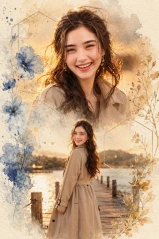 Dreamy Watercolor Collage Portrait — GPT Image 2.5 AI Prompt: Create a dreamy vertical watercolor photo-collage portrait of a young East Asian...