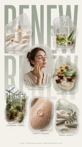 Sustainable Skincare Renewal Poster — GPT Image 2.5 AI Prompt: Goal: Create a vertical editorial skincare brand poster for KINARA, with a seren...