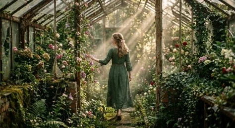 Abandoned Greenhouse Cinematic Portrait — Nano Banana 2 AI Prompt: A dreamy cinematic portrait of a young woman walking alone through an abandoned...