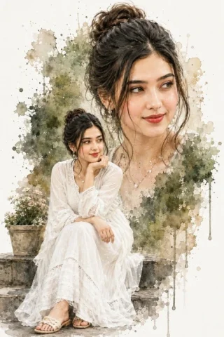 Double Exposure Watercolor Woman Portrait — GPT Image 2.5 AI Prompt: Create a creative double-exposure watercolor portrait composition on a vertical...