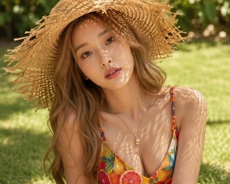 Tropical Summer Resort Portrait — GPT Image 2.5 AI Prompt: [Character] Refer to Image 1 and Image 2. [Signature] In the lower right, there...