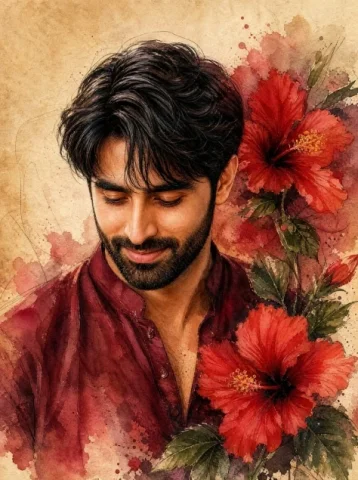 Watercolor Indian Man with Hibiscus — GPT Image 2.5 AI Prompt: Create a detailed watercolor portrait on warm aged parchment paper of a handsome...