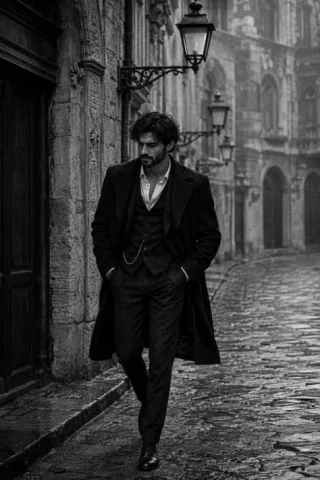 Cinematic Black and White European Street Portrait — GPT Image 2.5 AI Prompt: Ultra-realistic cinematic black-and-white photograph of a strikingly handsome yo...