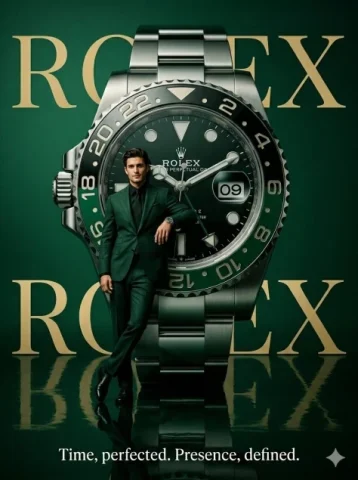 Luxury Watch Brand Surrealist Poster — Nano Banana 2 AI Prompt: A high-fashion surrealist poster for Rolex. A deep emerald green minimalist stud...