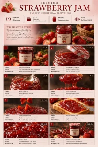 Premium Strawberry Jam Storyboard — Nano Banana 2 AI Prompt: TITLE: Premium Strawberry Jam Product Commercial Storyboard FORMAT: • Single-pa...