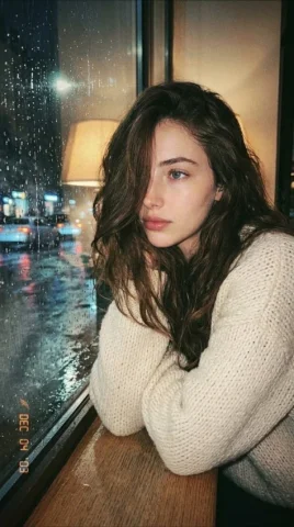 Nostalgic Rainy Window Portrait — Nano Banana 2 AI Prompt: Photorealistic close-up of a young woman sitting beside a rainy window, her long...