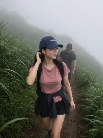 Misty Mountain Hiking Portrait — Nano Banana 2 AI Prompt: photorealistic vertical outdoor hiking portrait of a young woman walking along a...