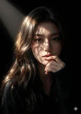 Golden Light Cinematic Portrait — Nano Banana 2 AI Prompt: A close-up photographic portrait of a young East Asian woman with long, wavy dar...