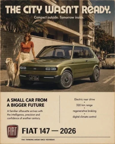 Vintage Car Ad Poster — GPT Image 2.5 AI Prompt: Alternate-history vintage automobile advertisement, as if photographed and print...