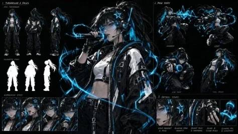 Cyberpunk Vocalist Character Sheet — GPT Image 2.5 AI Prompt: Goal: Create a dark anime cyberpunk character design sheet for a futuristic fema...