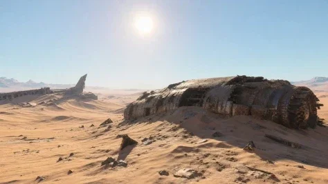 Crashed Spaceship Desert Wasteland — GPT Image 2.5 AI Prompt: Create a hyper-realistic 3D CGI wide cinematic landscape of a post-apocalyptic,...