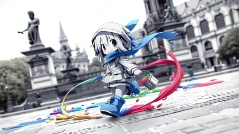 Chibi Painter in Monochrome Plaza