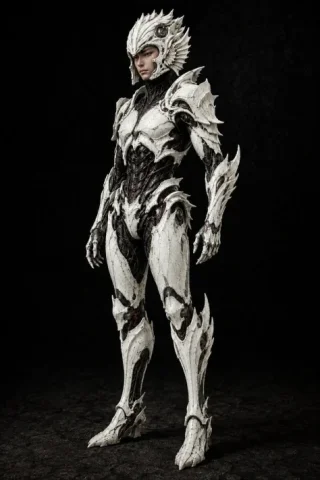 Pale Biomechanical Interface Warrior — GPT Image 2.5 AI Prompt: Create a full-body cinematic concept-art portrait of Benjamin, a young human mal...