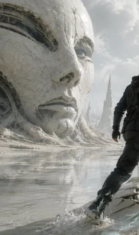 Colossal Android Face Contact — GPT Image 2.5 AI Prompt: Create a vertical cinematic science-fiction scene titled by mood rather than vis...