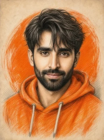 Orange Hoodie Pencil Portrait — GPT Image 2.5 AI Prompt: Create a detailed graphite pencil and colored pencil portrait of a handsome youn...