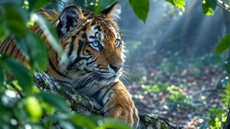 Large young tiger with blue eyes