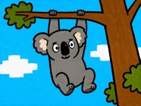 Cartoon Koala Hanging From Tree — GPT Image 2.5 AI Prompt: Create a cheerful childlike illustration of a koala hanging from a horizontal tr...