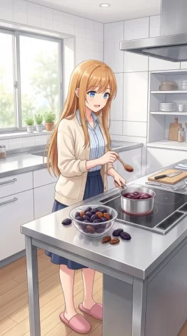 Anime Girl Cooking Prunes — GPT Image 2.5 AI Prompt: Create a polished vertical anime illustration of Ena, a cheerful young woman coo...
