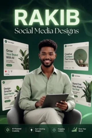 RAKIB Social Media Designer Poster — GPT Image 2.5 AI Prompt: Goal: Create a vertical promotional poster for a social media designer/agency pe...