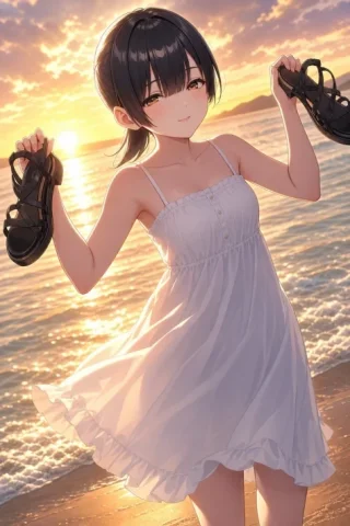 Anime Girl at Sunset Beach — GPT Image 2.5 AI Prompt: Create a high-detail anime-style illustration of a young woman standing barefoot...