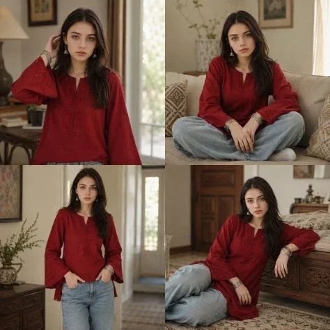 4-Panel Ethnic Fashion Collage Portrait — GPT Image 2.5 AI Prompt: Ultra-realistic 4-panel collage portrait of the same young woman in a cozy home...