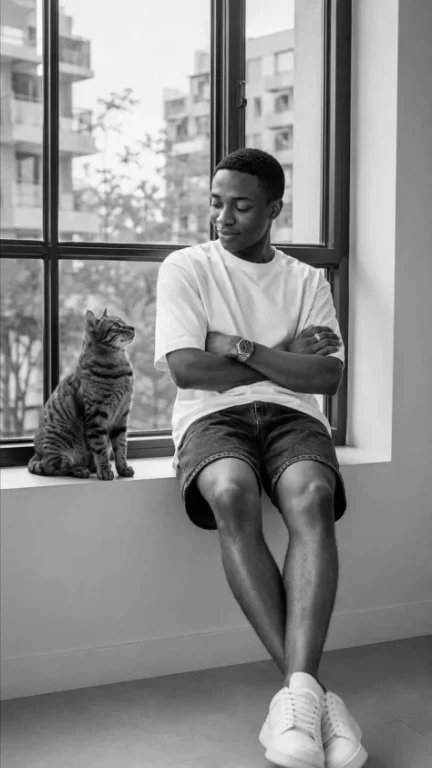 Black-and-White Windowsill Portrait
