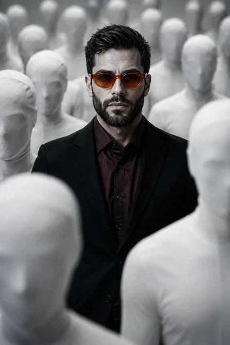 Surreal Man in Crowd of Faceless Figures