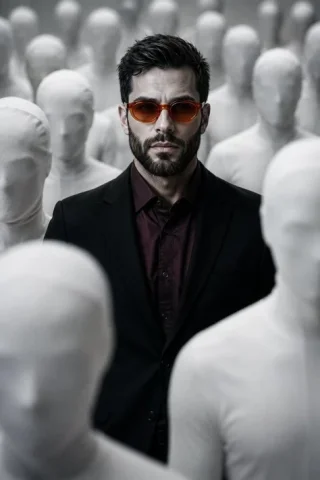 Surreal Man in Crowd of Faceless Figures — GPT Image 2.5 AI Prompt: A cinematic, photorealistic portrait of a mysterious young man use image for fac...