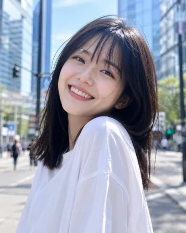 Realistic Urban Candid Portrait — GPT Image 2.5 AI Prompt: Ultra-realistic candid portrait of a young East Asian woman outdoors in bright n...