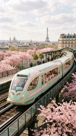 Retrofuturistic Train in Paris Blossoms — Nano Banana 2 AI Prompt: { "image_generation_prompt": { "shot_type": "exterior shot, photo", "s...