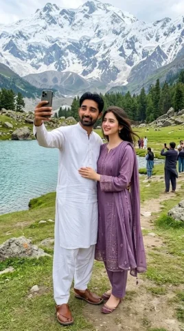 Skardu Couple Smartphone Travel Photo — Nano Banana 2 AI Prompt: Use my pic face Create an ultra-realistic full-body photograph of a young South...