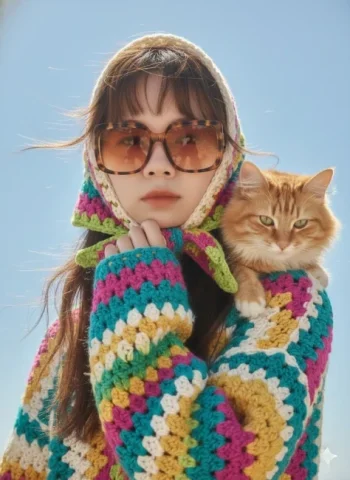 Crochet Summer Portrait with Cat — Nano Banana 2 AI Prompt: Close-up portrait of a young woman with flowing brown hair wearing a crocheted o...