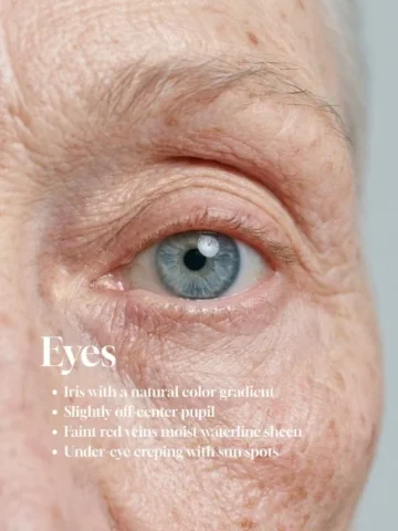 Aged Blue Eye Macro Detail — Nano Banana 2 AI Prompt: Extreme macro close-up of the same woman from the reference image, keeping her e...