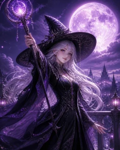 Silver-Haired Witch in Purple Moonlight — GPT Image 2.5 AI Prompt: A silver-haired witch holding up a staff under purple moonlight, with a mysterio...