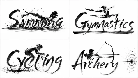 Calligraphic Sports Grid System — GPT Image 2.5 AI Prompt: 2x2 grid, do this for Olympics sports: 16:9 INPUT ::= [TOPIC_OR_WORD] W := de...