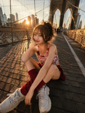 Brooklyn Bridge Wide-Angle Portrait — GPT Image 2.5 AI Prompt: A vibrant candid street-style photograph of a young woman sitting playfully on t...