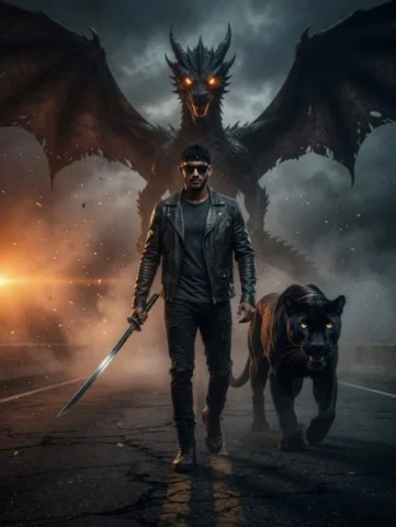 Dragon Highway Action Poster — GPT Image 2.5 AI Prompt: A powerful cinematic action poster featuring a stylish man walking forward on a...