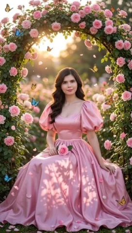 Rose Arch Ball Gown Portrait — GPT Image 2.5 AI Prompt: A highly detailed cinematic portrait of a beautiful young woman with long wavy d...