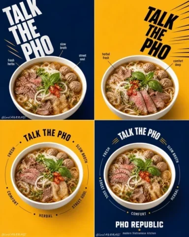 Pho Republic Campaign Grid — GPT Image 2.5 AI Prompt: Create a flagship 2x2 campaign poster series for an original Vietnamese noodle b...