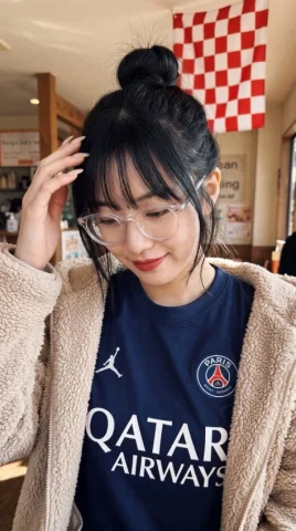 PSG Jersey Teddy Jacket Selfie — Nano Banana 2 AI Prompt: A close-up selfie-style portrait of a young East Asian woman looking downward wi...